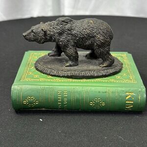 Vintage Black Bear Sculpture On Rudyard Kipling Green Book Paperweight